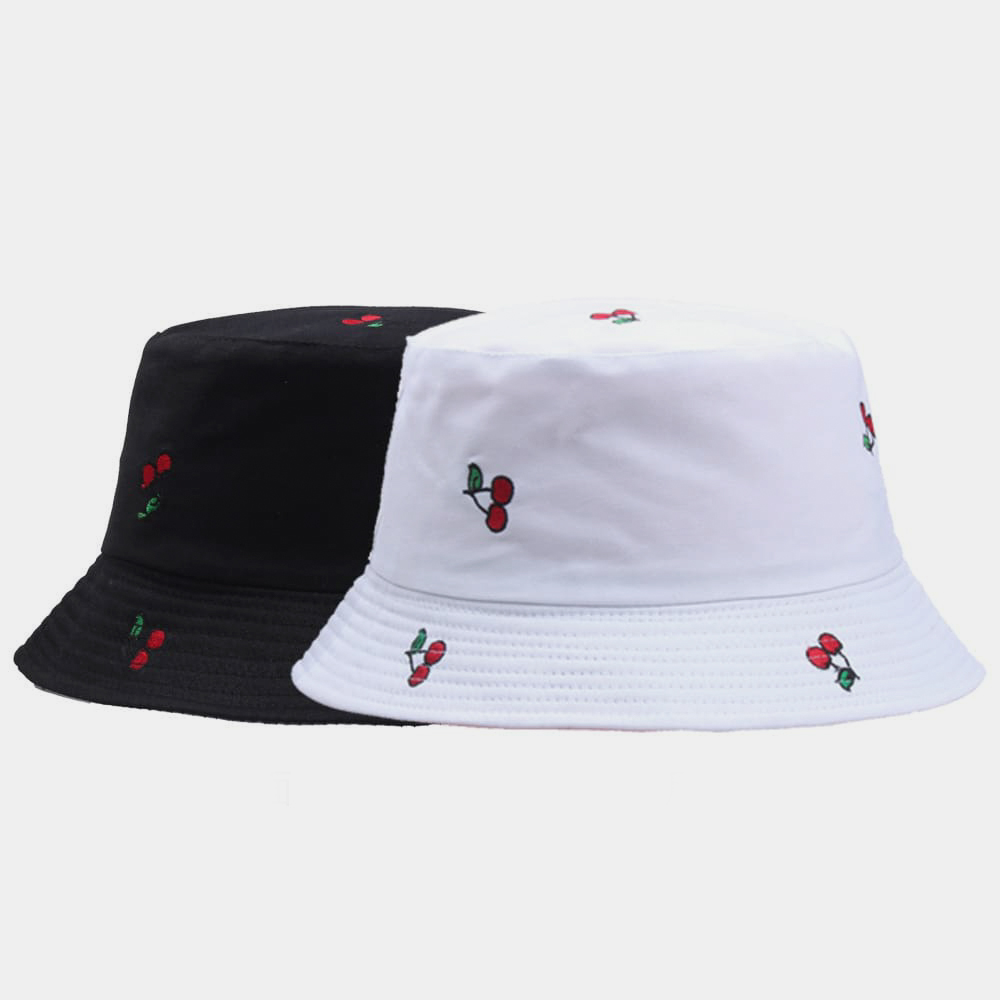 BK00055 Mũ Bucket thêu hoa văn trái cây và anh đào