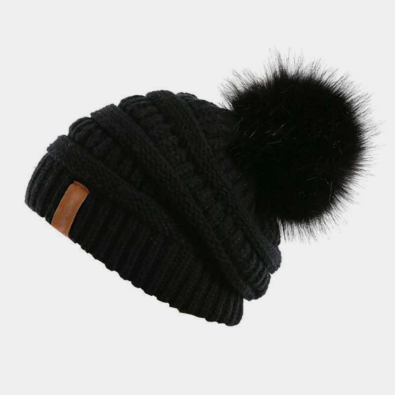 H00010 Mũ dệt kim ấm áp lông Pom có ​​thể tháo rời