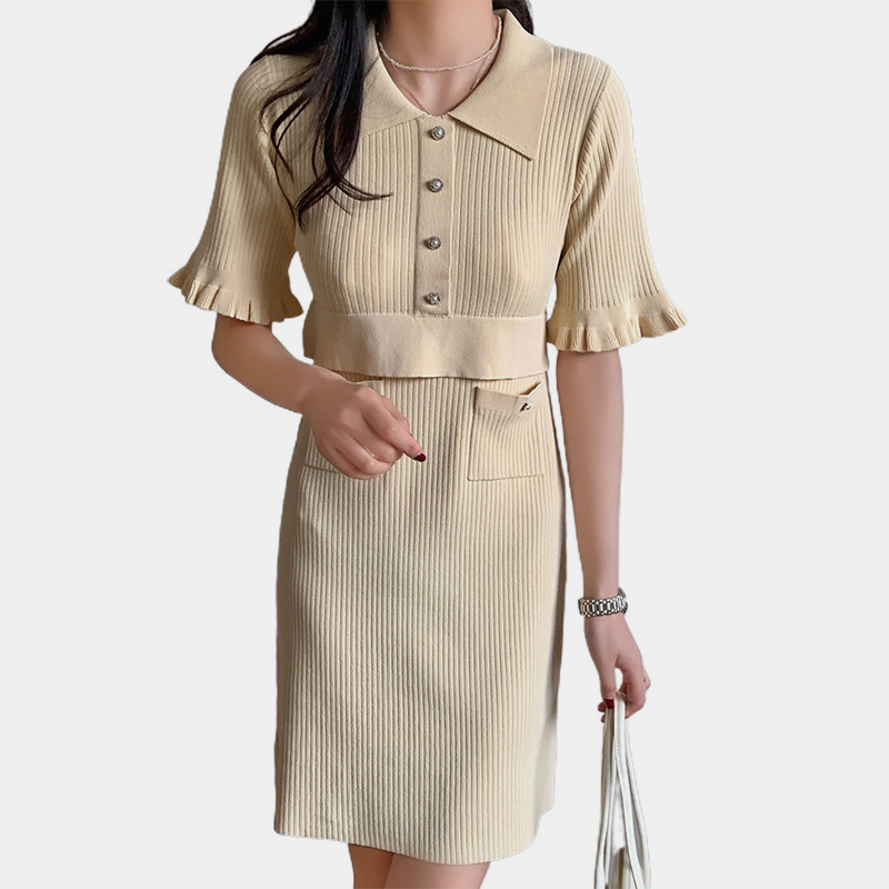 SM-K0027 Tính khí Nước hoa nhỏ Cổ áo sơ mi Tay áo bay Váy dệt kim thẳng