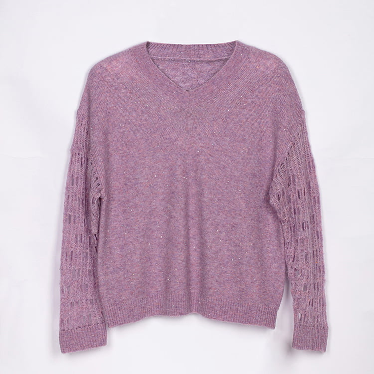 SM-K0040 Cổ Chữ V Cắt Đính Hạt Cườm Mohair Dệt Kim Jumper Tay Áo Cutout Siêu Tiên