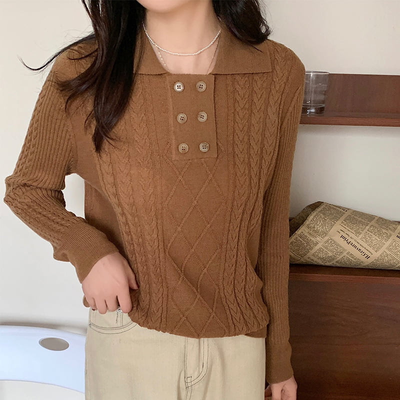 SM-K0026 Áo len dệt kim dài tay có cổ đôi dành cho nữ