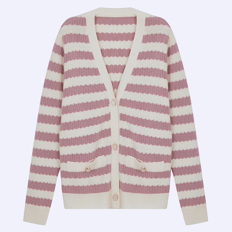 Áo khoác cardigan dệt kim cổ chữ V sọc hồng trắng ML2204