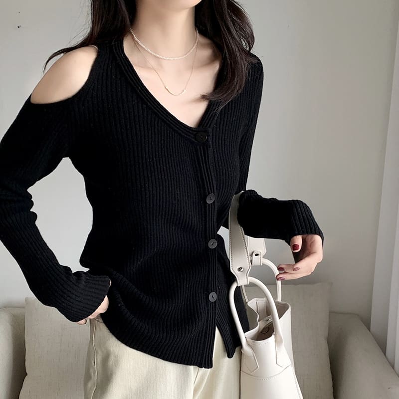 SM-K0022 Áo len dệt kim dài tay lệch vai thiết kế thon gọn và thích hợp