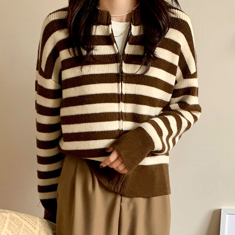 SM-K0029 Áo len chui đầu cổ tròn sọc mùa xuân dành cho nữ, áo len dệt kim sọc kéo SM-K0029 Áo len chui đầu cổ tròn sọc mùa xuân dành cho nữ, áo len dệt kim sọc kéo