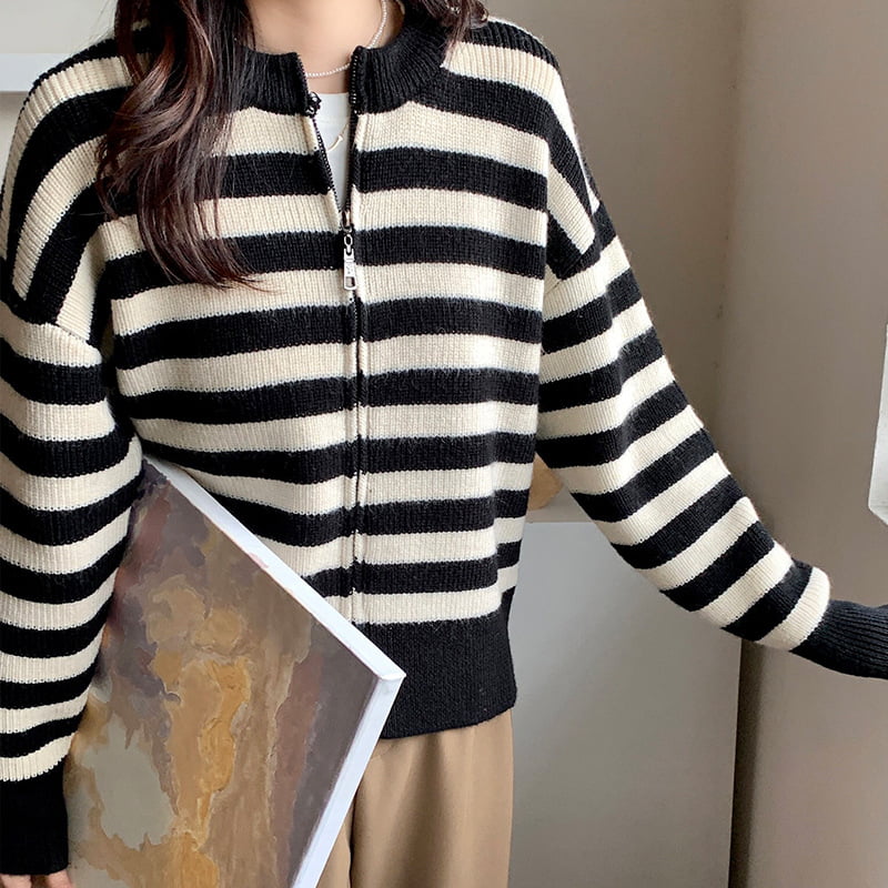 SM-K0029 Áo len chui đầu cổ tròn sọc mùa xuân dành cho nữ, áo len dệt kim sọc kéo SM-K0029 Áo len chui đầu cổ tròn sọc mùa xuân dành cho nữ, áo len dệt kim sọc kéo