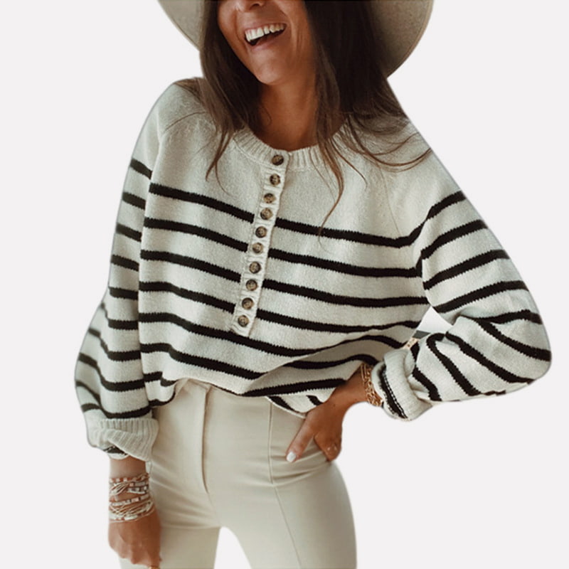 Áo len dệt kim sọc ngang cổ tròn SM-K0099 Áo len dệt kim sọc ngang cổ tròn SM-K0099