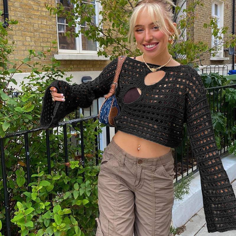 SM-K0084 Áo khoác ngắn dệt kim tay ngắn có sừng rỗng Áo liền quần dệt kim SM-K0084 Áo khoác ngắn dệt kim tay ngắn có sừng rỗng Áo liền quần dệt kim